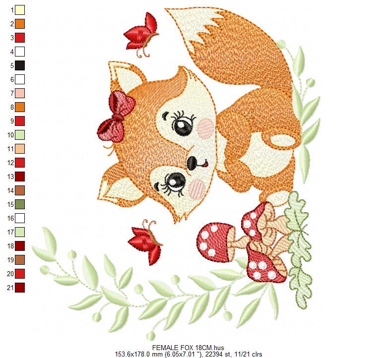 Female Red Fox with lace and mushrooms embroidery designs - Woodland animal machine pattern - Fox with laurel frame - Instant download pes
