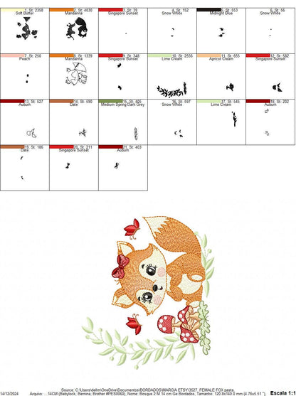 Female Red Fox with lace and mushrooms embroidery designs - Woodland animal machine pattern - Fox with laurel frame - Instant download pes