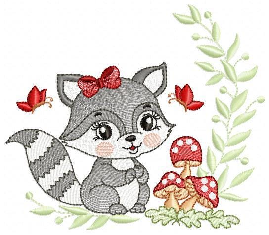 Female Raccoon with mushrooms embroidery designs - Woodland animal machine embroidery pattern - Baby girl embroidery - Instant download pes