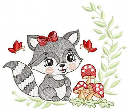 Female Raccoon with mushrooms embroidery designs - Woodland animal machine embroidery pattern - Baby girl embroidery - Instant download pes