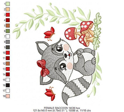Female Raccoon with mushrooms embroidery designs - Woodland animal machine embroidery pattern - Baby girl embroidery - Instant download pes