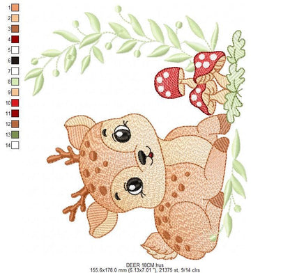 Deer with mushrooms embroidery design - Stag Fawn Forest Animal with laurel frame machine embroidery pattern - Instant download pes jef dst