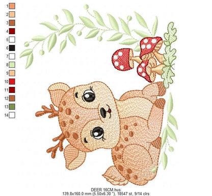 Deer with mushrooms embroidery design - Stag Fawn Forest Animal with laurel frame machine embroidery pattern - Instant download pes jef dst