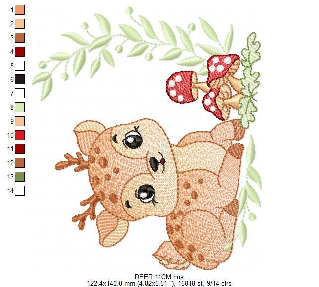 Deer with mushrooms embroidery design - Stag Fawn Forest Animal with laurel frame machine embroidery pattern - Instant download pes jef dst