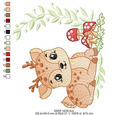 Deer with mushrooms embroidery design - Stag Fawn Forest Animal with laurel frame machine embroidery pattern - Instant download pes jef dst