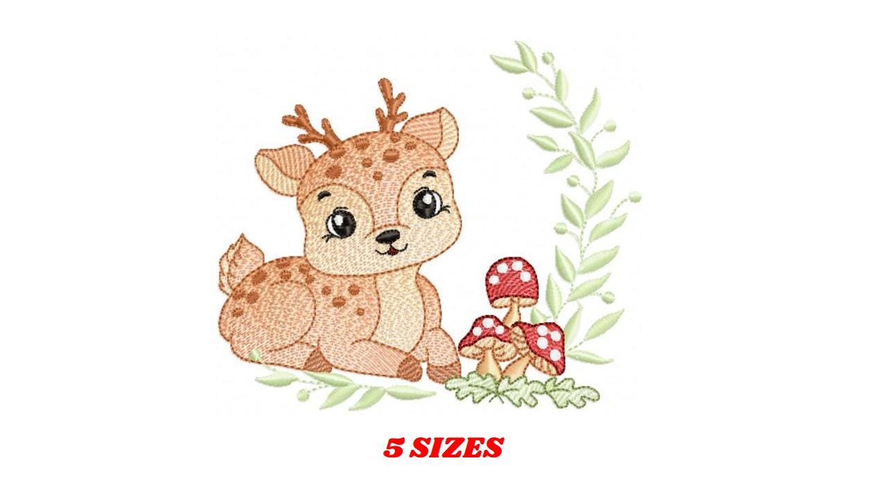 Deer with mushrooms embroidery design - Stag Fawn Forest Animal with laurel frame machine embroidery pattern - Instant download pes jef dst