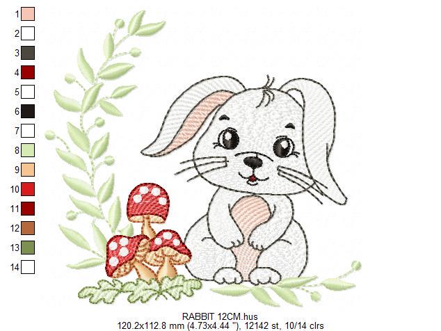 Male Bunny embroidery design - Rabbit with mushrooms with laurel frame machine embroidery pattern - Woodland animal file - instant download