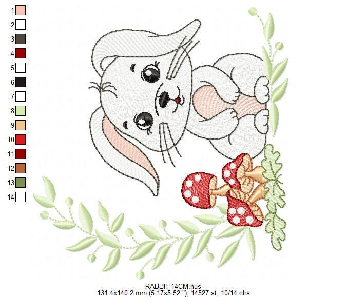 Male Bunny embroidery design - Rabbit with mushrooms with laurel frame machine embroidery pattern - Woodland animal file - instant download