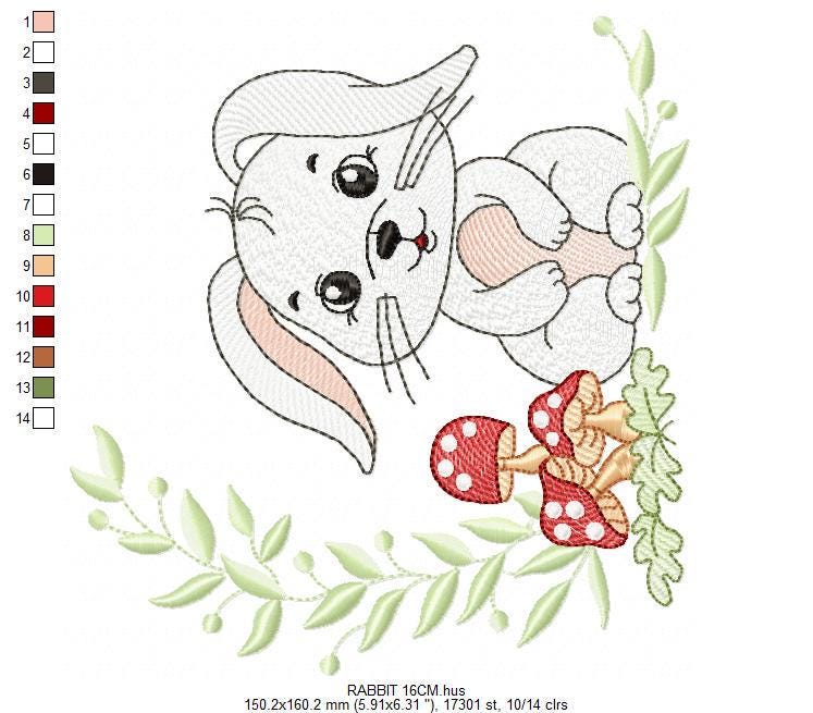 Male Bunny embroidery design - Rabbit with mushrooms with laurel frame machine embroidery pattern - Woodland animal file - instant download