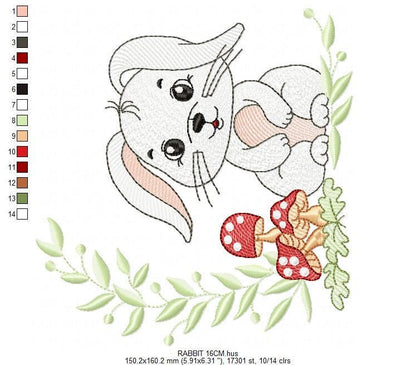 Male Bunny embroidery design - Rabbit with mushrooms with laurel frame machine embroidery pattern - Woodland animal file - instant download