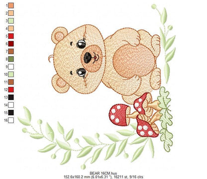 Female Brown Bear embroidery designs - Woodland Wild Animal machine embroidery pattern - Bear with mushrooms file - Instant download pes jef