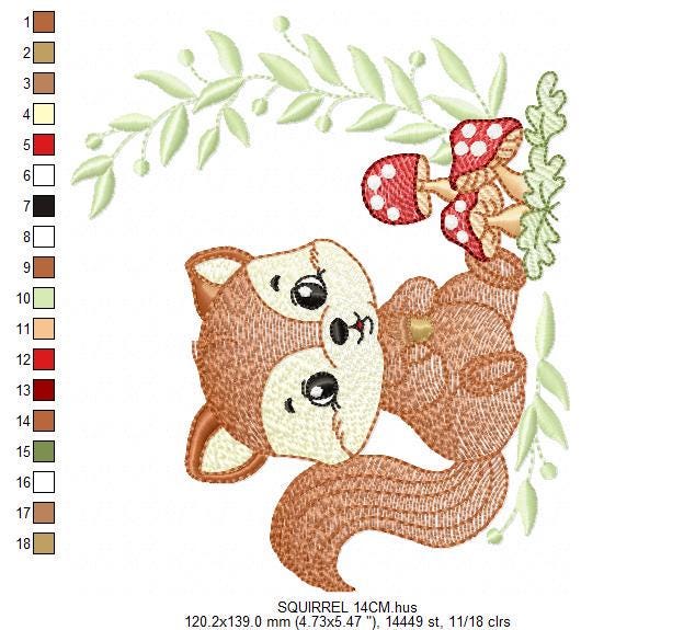 Male Squirrel embroidery design - Woodland wild Animal machine embroidery pattern - Squirrel with mushrooms laurel frame - Instant download