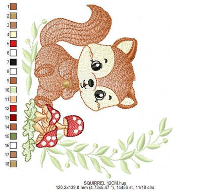 Male Squirrel embroidery design - Woodland wild Animal machine embroidery pattern - Squirrel with mushrooms laurel frame - Instant download
