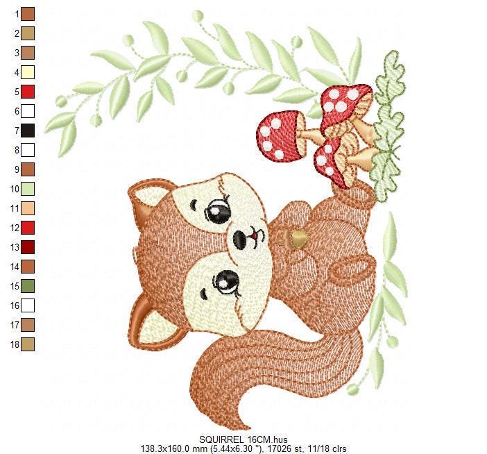 Male Squirrel embroidery design - Woodland wild Animal machine embroidery pattern - Squirrel with mushrooms laurel frame - Instant download