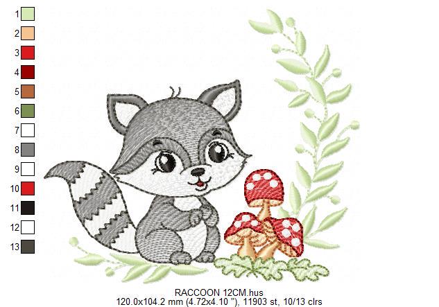 Male Raccoon embroidery designs - Baby boy Woodland animal Ringtail with laurel and mushrooms machine embroidery pattern - Instant download