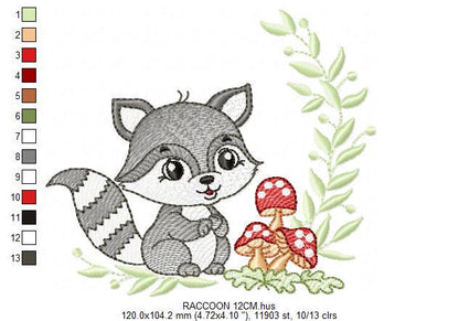 Male Raccoon embroidery designs - Baby boy Woodland animal Ringtail with laurel and mushrooms machine embroidery pattern - Instant download
