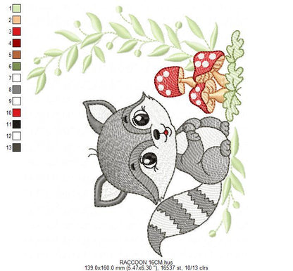 Male Raccoon embroidery designs - Baby boy Woodland animal Ringtail with laurel and mushrooms machine embroidery pattern - Instant download