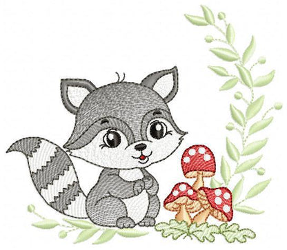 Male Raccoon embroidery designs - Baby boy Woodland animal Ringtail with laurel and mushrooms machine embroidery pattern - Instant download