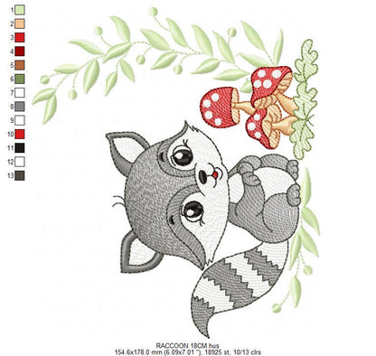 Male Raccoon embroidery designs - Baby boy Woodland animal Ringtail with laurel and mushrooms machine embroidery pattern - Instant download