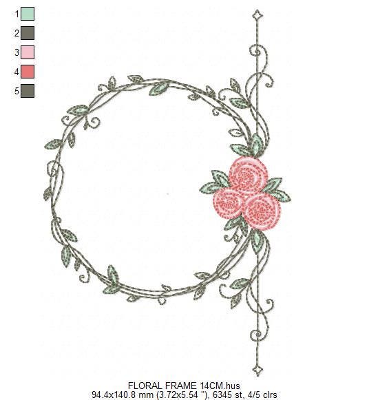 Monogram Frame with roses embroidery designs - Flower laurel wreath machine embroidery pattern - Kitchen tea towel file - Instant download