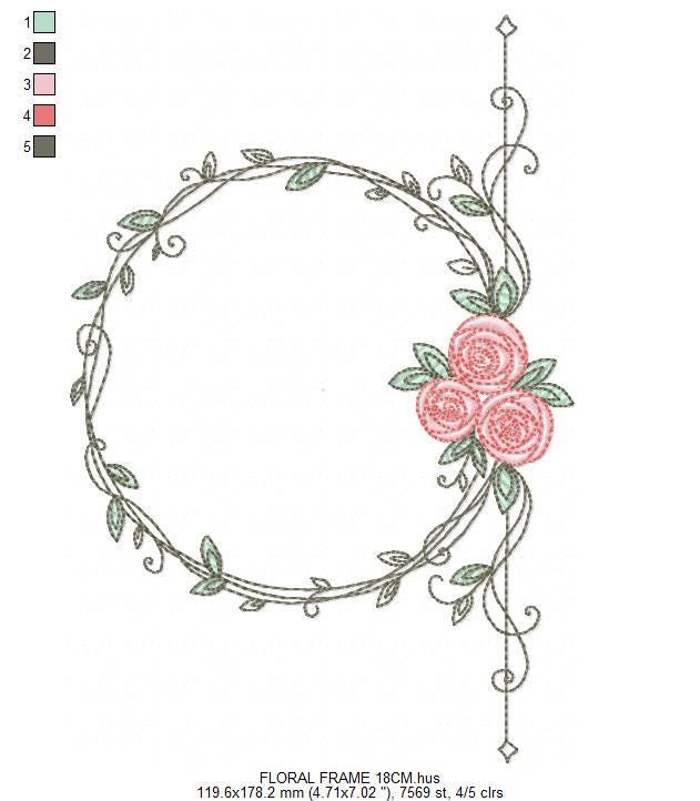 Monogram Frame with roses embroidery designs - Flower laurel wreath machine embroidery pattern - Kitchen tea towel file - Instant download
