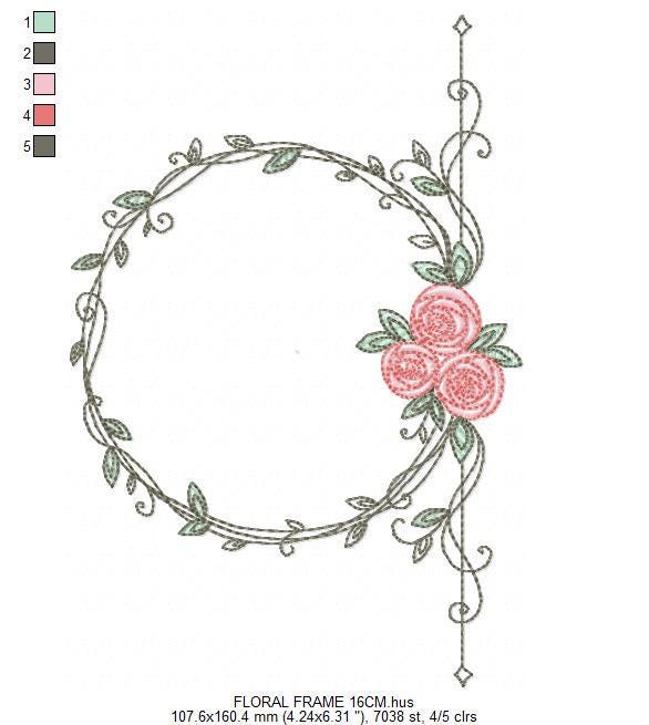 Monogram Frame with roses embroidery designs - Flower laurel wreath machine embroidery pattern - Kitchen tea towel file - Instant download