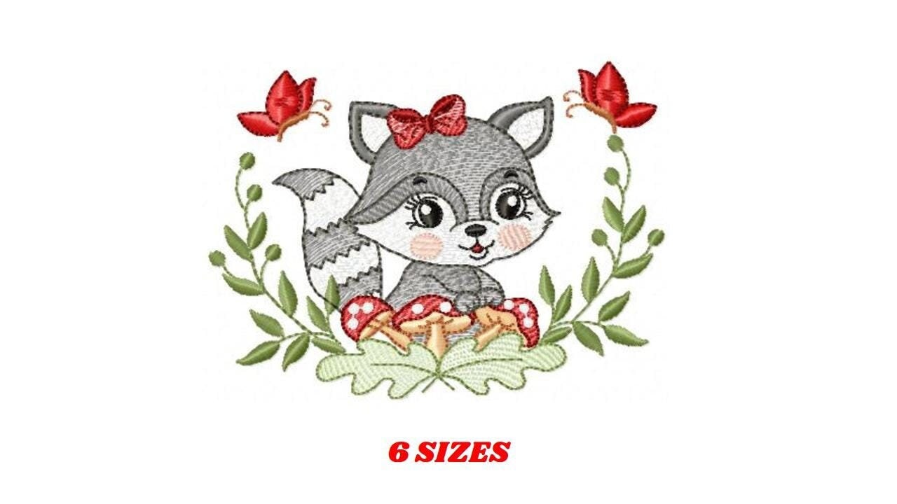 Female Raccoon with laurel frame embroidery designs - Woodland animal with mushroom machine embroidery pattern - Instant download pes jef