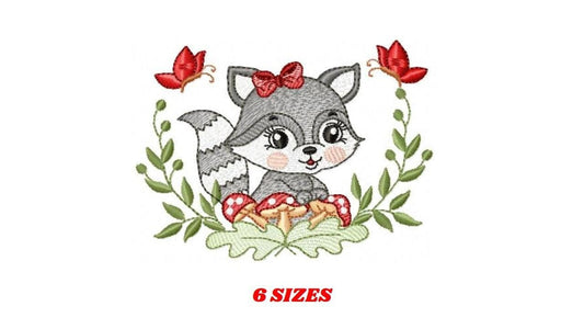 Female Raccoon with laurel frame embroidery designs - Woodland animal with mushroom machine embroidery pattern - Instant download pes jef