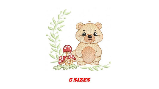 Female Brown Bear embroidery designs - Woodland Wild Animal machine embroidery pattern - Bear with mushrooms file - Instant download pes jef