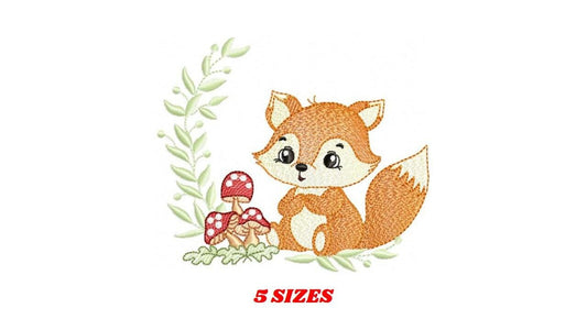 Male Red Fox embroidery designs - Woodland wild animal with mushrooms machine pattern - Fox tail with laurel frame - Instant download pes
