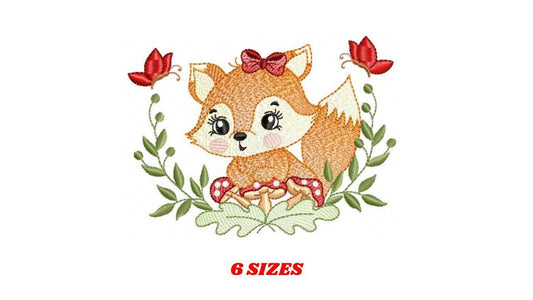 Red Fox embroidery designs - Woodland animal with butterflies machine pattern - Fox tail with lace and mushroom laurel - Instant download