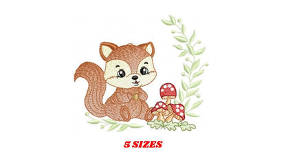 Male Squirrel embroidery design - Woodland wild Animal machine embroidery pattern - Squirrel with mushrooms laurel frame - Instant download