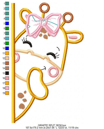 Female Giraffe with lace embroidery design - Peek a boo Safari Animal split machine embroidery pattern - Giraffe applique - instant download