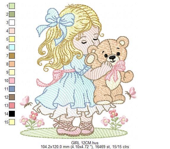 Young Vintage Girl with dress embroidery designs - Baby Girl with lace and teddy bear machine embroidery pattern - Instant download pes jef