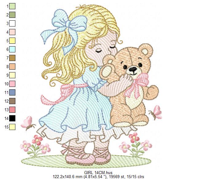 Young Vintage Girl with dress embroidery designs - Baby Girl with lace and teddy bear machine embroidery pattern - Instant download pes jef