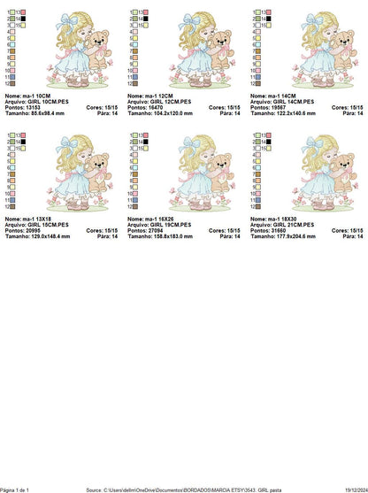 Young Vintage Girl with dress embroidery designs - Baby Girl with lace and teddy bear machine embroidery pattern - Instant download pes jef