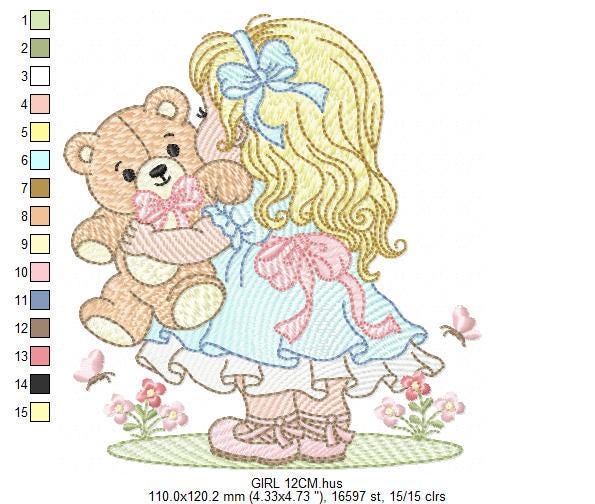 Young Vintage Girl with dress embroidery designs - Baby Girl with lace and teddy bear machine embroidery pattern - Instant download pes jef