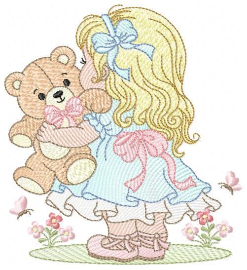 Young Vintage Girl with dress embroidery designs - Baby Girl with lace and teddy bear machine embroidery pattern - Instant download pes jef