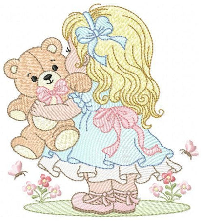 Young Vintage Girl with dress embroidery designs - Baby Girl with lace and teddy bear machine embroidery pattern - Instant download pes jef