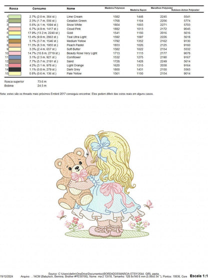 Young Vintage Girl with dress embroidery designs - Baby Girl with lace and teddy bear machine embroidery pattern - Instant download pes jef