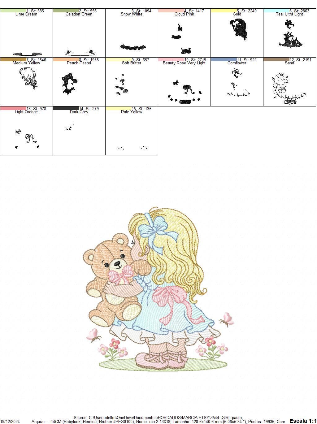 Young Vintage Girl with dress embroidery designs - Baby Girl with lace and teddy bear machine embroidery pattern - Instant download pes jef