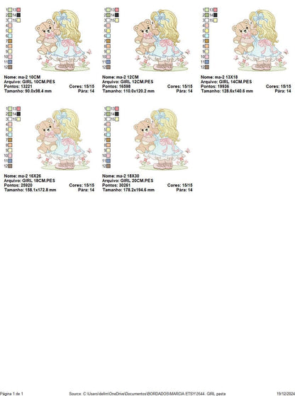 Young Vintage Girl with dress embroidery designs - Baby Girl with lace and teddy bear machine embroidery pattern - Instant download pes jef