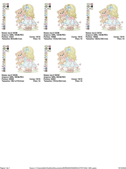 Young Vintage Girl with dress embroidery designs - Baby Girl with lace and teddy bear machine embroidery pattern - Instant download pes jef