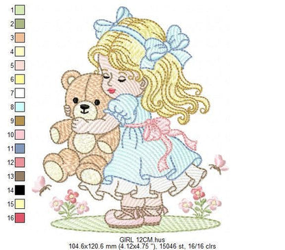 Young Vintage Girl with dress embroidery designs - Baby Girl with lace and teddy bear machine embroidery pattern - Instant download pes jef