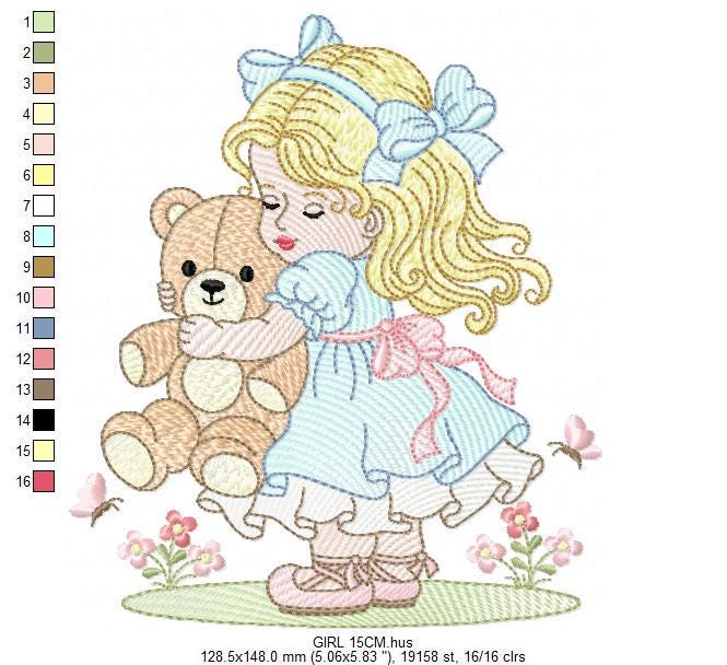 Young Vintage Girl with dress embroidery designs - Baby Girl with lace and teddy bear machine embroidery pattern - Instant download pes jef