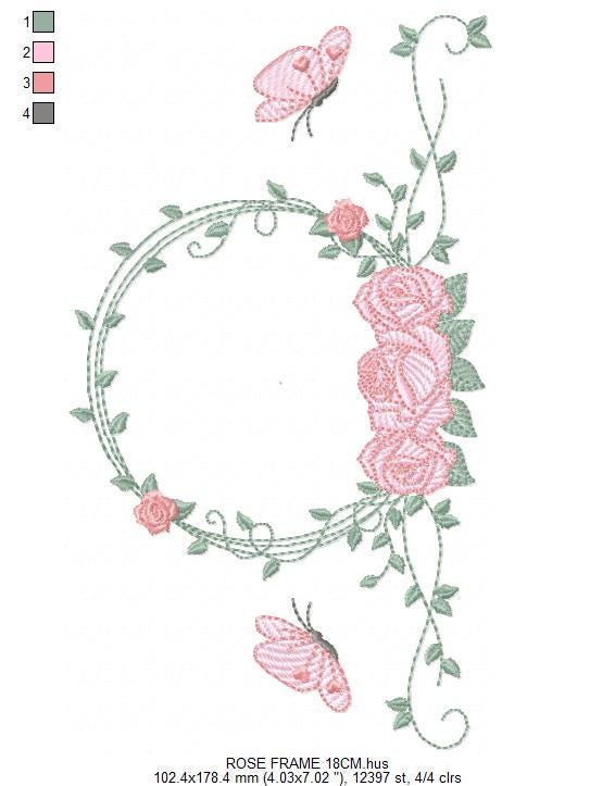 Monogram Frame with roses and butterflies embroidery designs - Flower Laurel Wreath machine embroidery pattern - Instant download pes jef