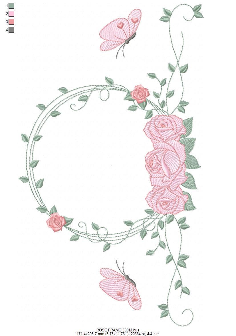 Monogram Frame with roses and butterflies embroidery designs - Flower Laurel Wreath machine embroidery pattern - Instant download pes jef