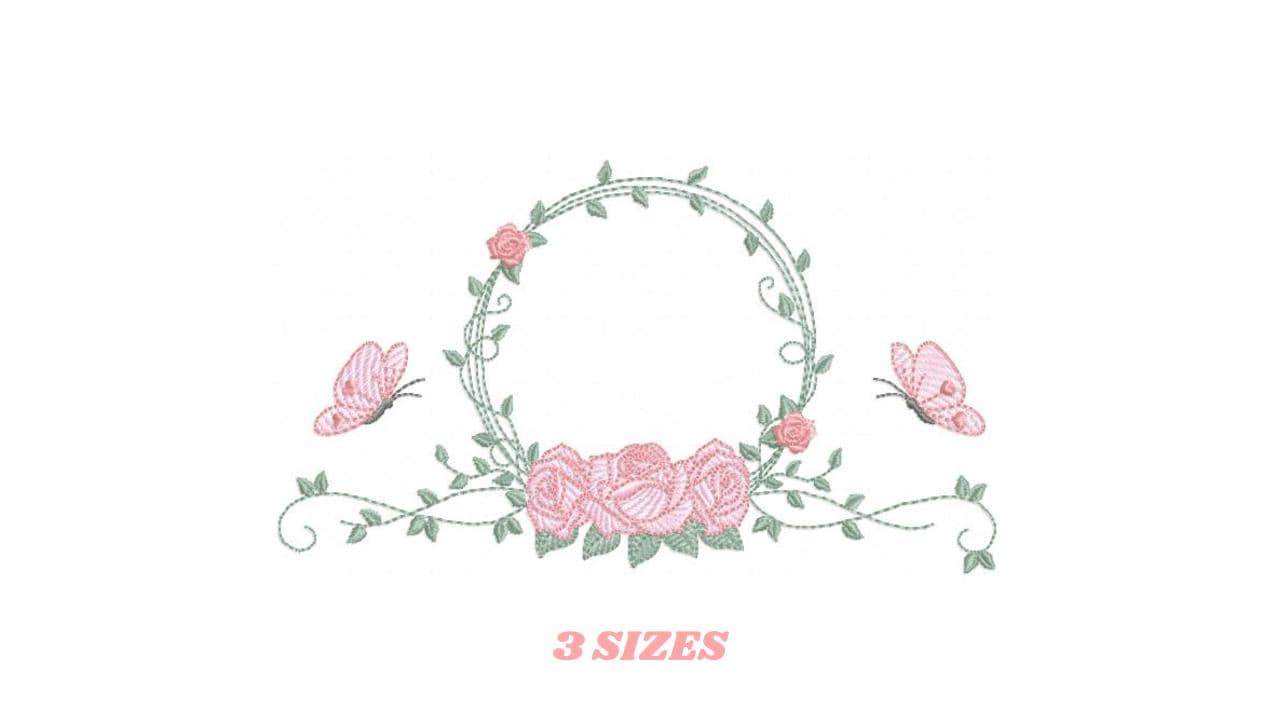 Monogram Frame with roses and butterflies embroidery designs - Flower Laurel Wreath machine embroidery pattern - Instant download pes jef