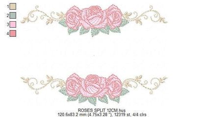 Roses split embroidery designs - Flowers for kitchen tea towel machine embroidery pattern - Entwined roses file - Instant download pes jef