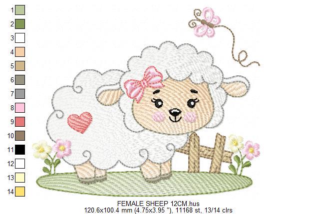 Female Sheep with bow embroidery design - Lamb with butterfly machine embroidery pattern - Newborn baby girl file - Instant download pes jef